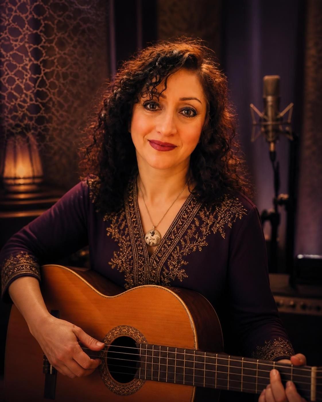 Nazafarin with her guitar in a music studio
